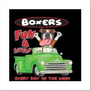 Fun Boxer dog driving classic green truck on Boxer Dog in Green Truck tee Posters and Art